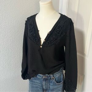 Miss Me Open Weave Waffle Knit Henley Top Crochet Details Summer Sweater Layer